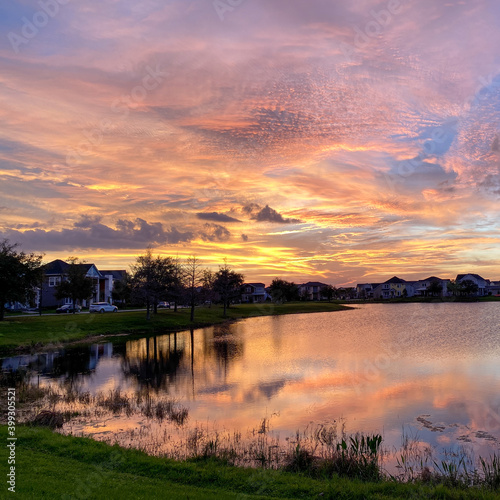 Beautiful pink, orange and blue sunset reflecting on a lake