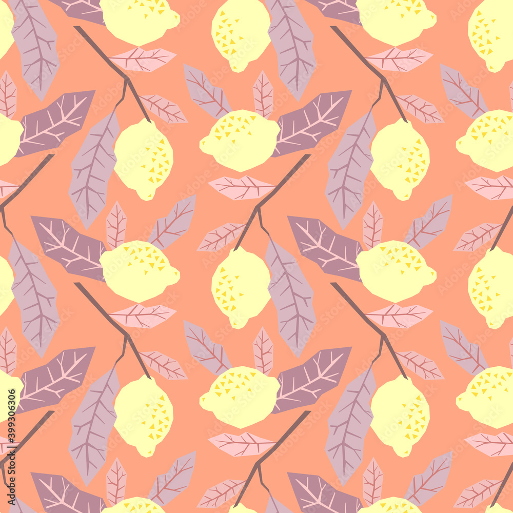 Lemon seamless pattern illustration. Summer design repeated textile with citrus fruits.