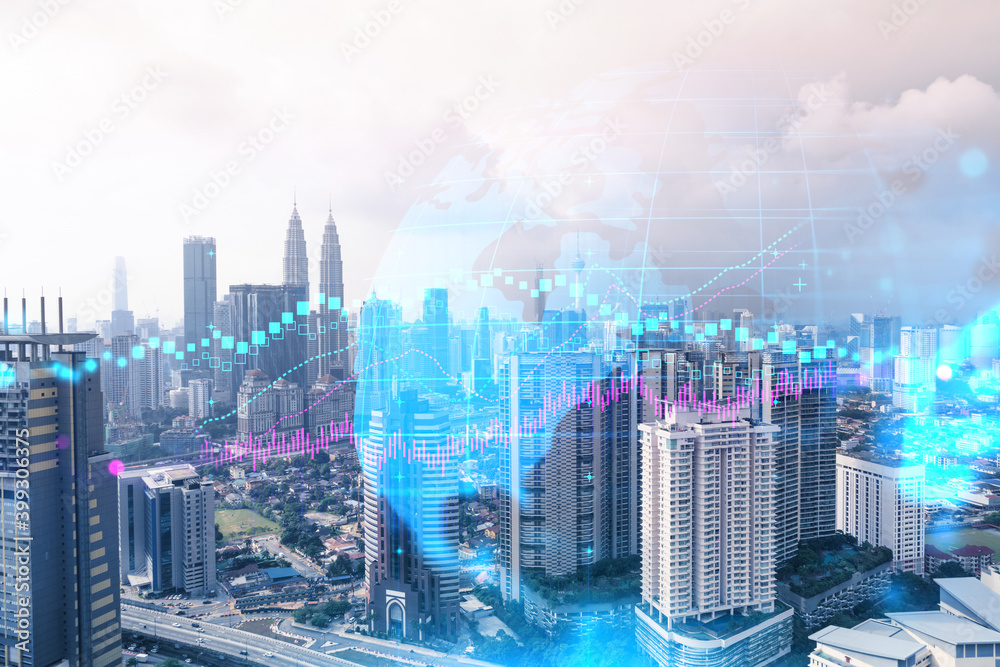 Forex and stock market chart hologram over panorama city view of Kuala Lumpur. KL is the financial center in Malaysia, Asia. The concept of international trading. Double exposure.