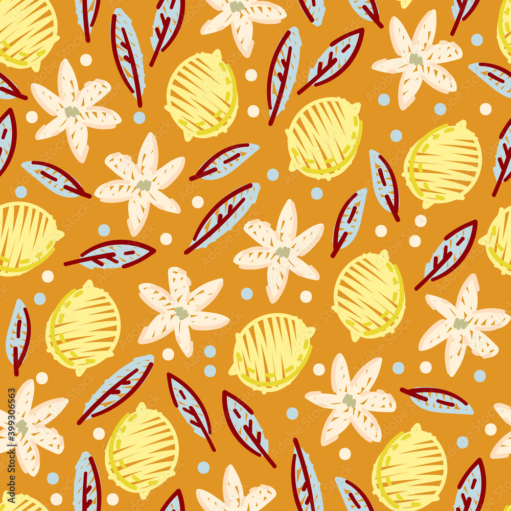 Lemon seamless pattern illustration. Summer design repeated textile with citrus fruits.