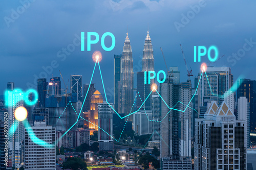 Photography Initial public offering hologram, night panoramic city view Kuala Lumpur