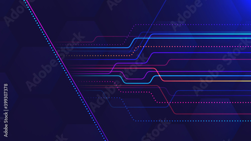 Abstract light background with transparent hexagons and neon colored lines photo