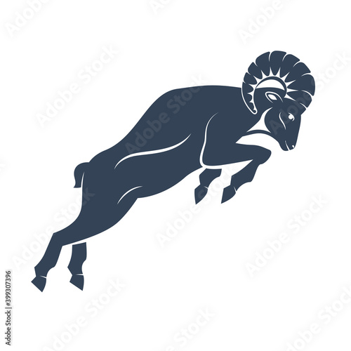 A ram in fighting stance with a large horn jump. Side view. Zodiac astrology symbol of the sheep. Aries illustration vector flat design. Silhuette of a goat as a mascot of fortune and sport