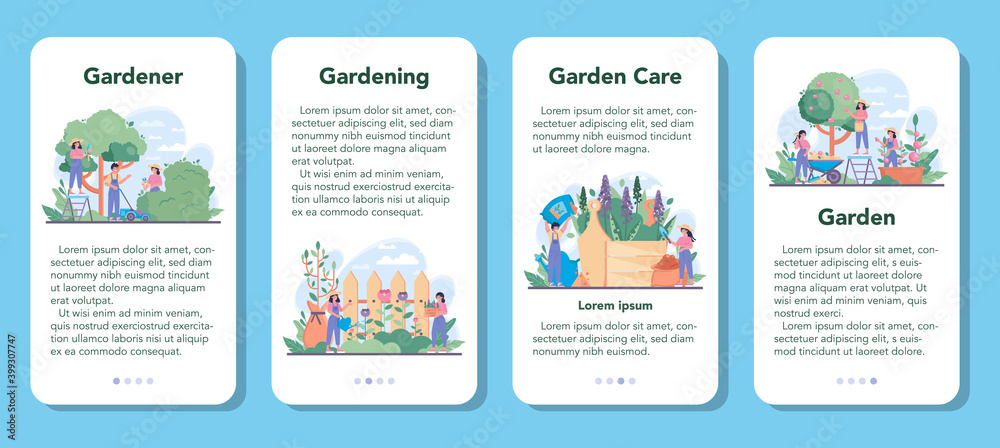 Gardener mobile application banner set. Idea of horticultural designer business