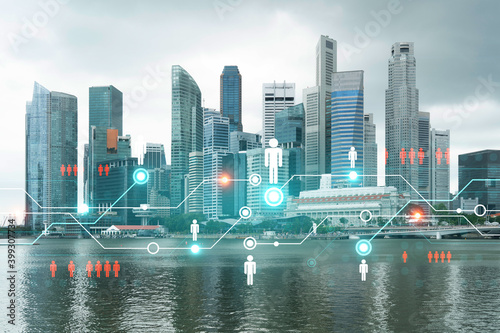 Photography Social media icons hologram over panorama city view of Singapore, Asia