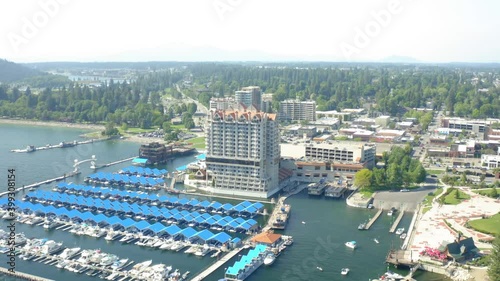 Aerial drone toward Coeur d'Alene on smoky summer day photo