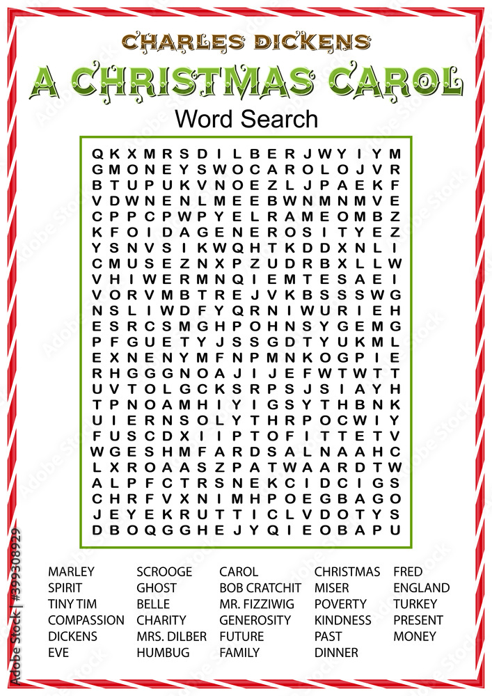 A Christmas carol word search puzzle. Printable worksheet. Logic game