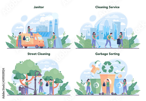 Cleaning service or company concept set. Cleaning staff with special