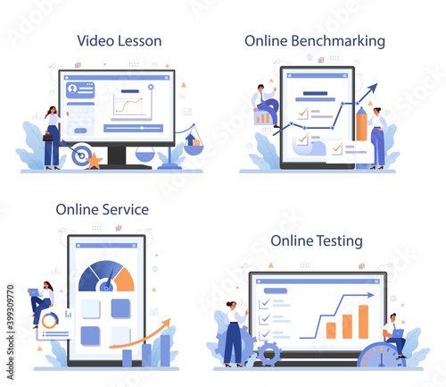 Benchmarking online service or platform set. Idea of business