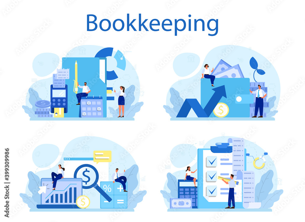 Bookkeeper concept set. Professional accountant office manager.
