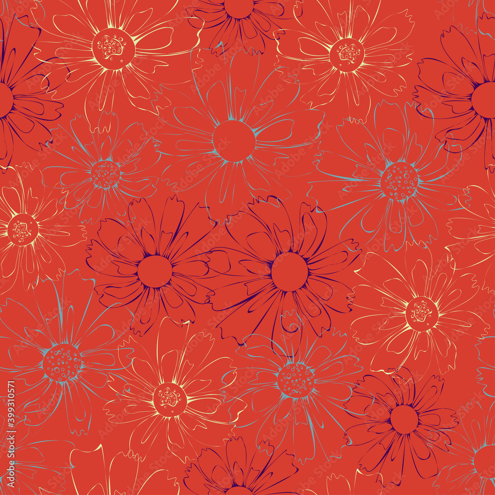 Vector seamless pattern with daisy flowers silhouettes on red background. Wallpaper or textile flower design.