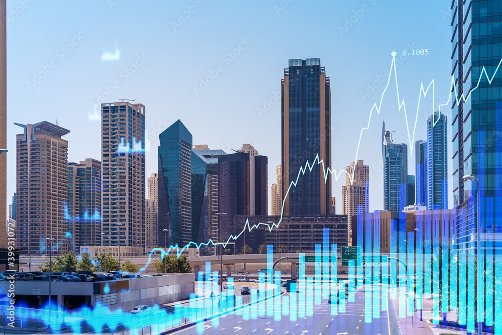 Fototapeta premium Cityscape skyscrapers of downtown, UAE. Modern skyline of the capital of the Emirate of Dubai. Center of international trading of Western Asia. Traffic. FOREX graph and chart concept. Double exposure