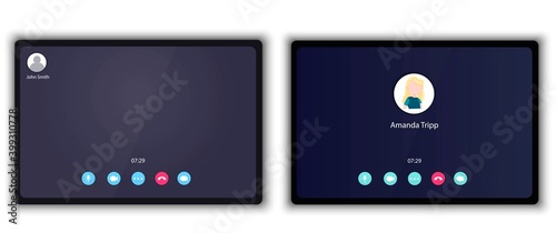 Application for video communication. Web interface with buttons for chat and video calls and video conferencing. Contact image on the screen of a computer, phone. Call window layout during quarantine.