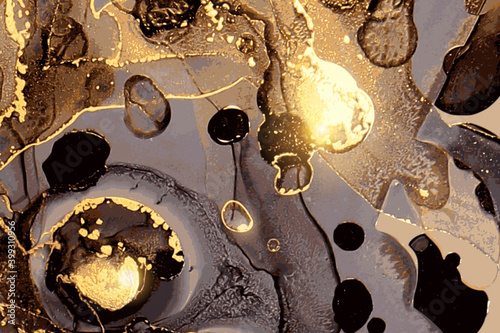 Black, grey and gold geode. Marble abstract pattern. Alcohol ink technique stone texture. Vector background. Modern paint with glitter. Banner, poster design template.