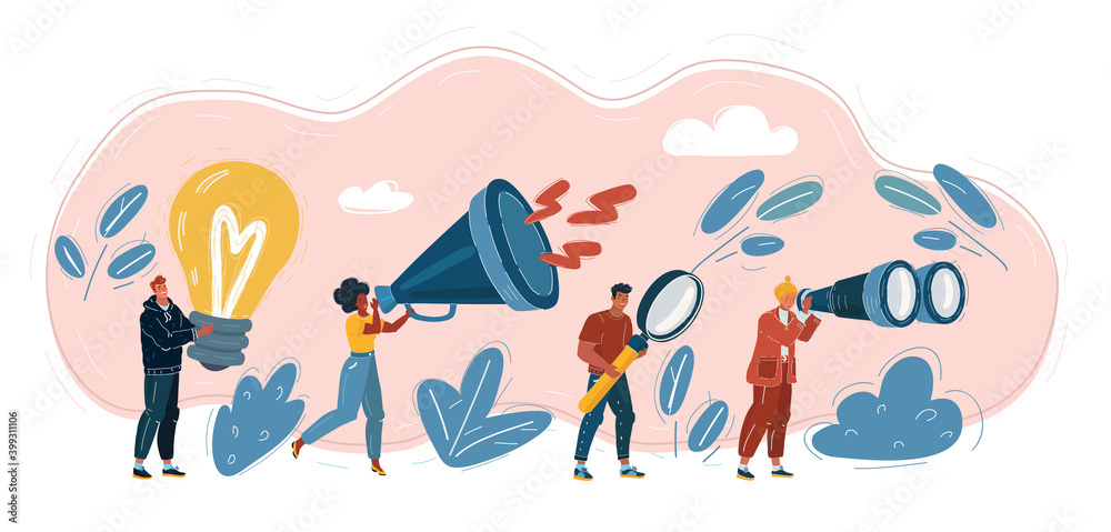Vector illustration of Social network people. Man with bulb lamp, megaphone, magnifying glass, binoculars