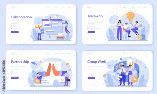Collaboration web banner or landing page set Office characters working in team.