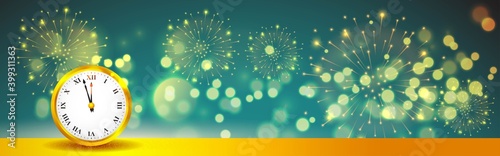 Vector Happy New Year 2021 greeting card. New Year Eve. Gold clock on sparkly bokeh background, happy holiday wishes.