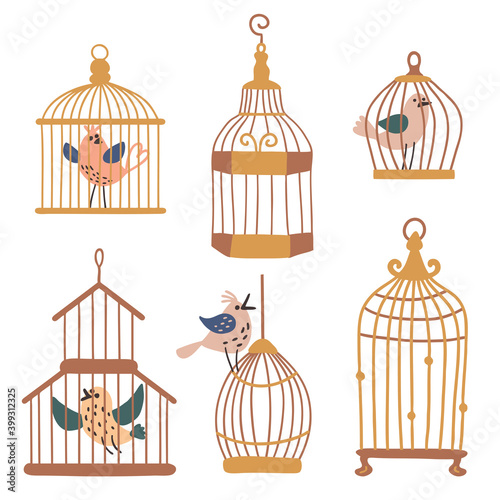 set of pictures with bird cages. birds behind golden rods. budgies in a cage