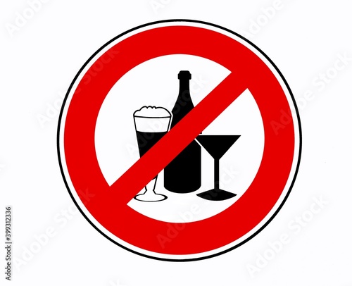 Alcohol consumption in not permitted in this area, prohibition sign with silhouettes of wine bottle, small beer glass and cocktail glass.