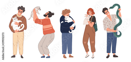 a set of pictures with people hugging their pets. guys love cats, a man with a snake, a guy holding a puppy, a girl hugging a rabbit. love for domestic animals around us