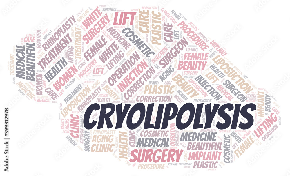 Cryolipolysis typography word cloud create with the text only. Type of plastic surgery