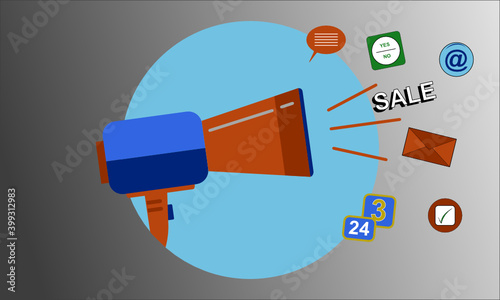 Nach rechts gerichtetes Megafon in den Farben blau und Orange mit angedeuteter Audioausgabe und verschiedenen Symbolen im blauen Kreis vor grauem Hintergrund mit Farbverlauf