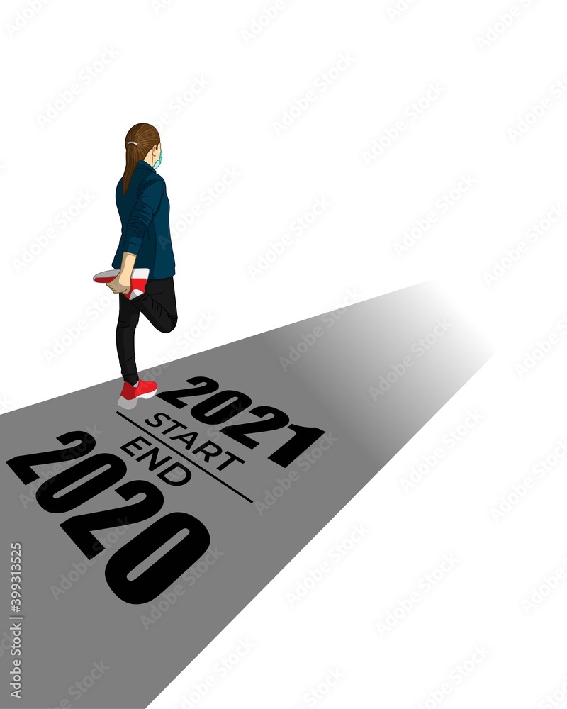 Vector illustration of 2021 start, end 2020 concept. Athlete runner stretching leg preparing for new year at golden sunset, 2021 is written on road. Plans and goals of success path. Vector illustration of 2021 start, end 2020 concept. Athlete runner stretching leg preparing for new year at golden sunset, 2021 is written on road. Plans and goals of success path.