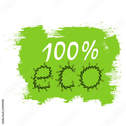 Inscription 100 per cent ECO in the form of a swirling green branch plant vines. green background painted with a brush. Hand drawing. Vector illustration. Organic food card.