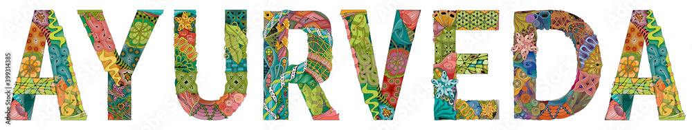 Fototapeta premium Word AYURVEDA. Vector zentangle object for decoration