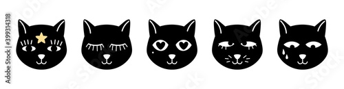 Fototapeta Naklejka Na Ścianę i Meble -  Abstract cats faces. Magic black kitten, occult pets with diverse eyes vector set