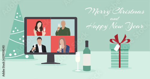 Virtual Christmas party Vector Illustration. Online Christmas celebration 