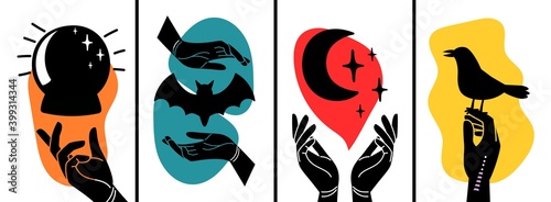 Contemporary banners with hands and occult symbols. Bird, moon, bat silhouettes and arms, decorative vector templates