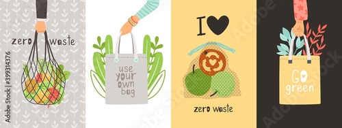 Eco cards. Zero waste, save nature and environment. Use own bags, textile shopping pack in hands vector banners