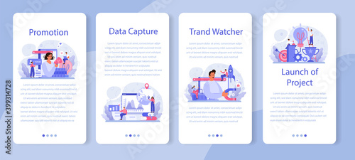 Trend watcher mobile application banner set. Specialist