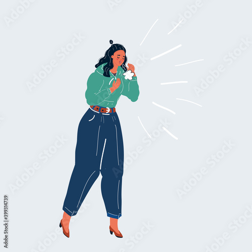 Vector illustration of Young girl in caught cold flu or virus. Character isolated on white isolated background