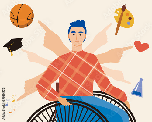Wheelchair disabled person isolated, choice of profession, flat vector stock illustration as an inclusive society concept