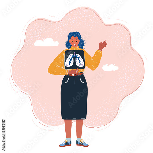 Cartoon vector illustration of woman with xray shot in her hands.