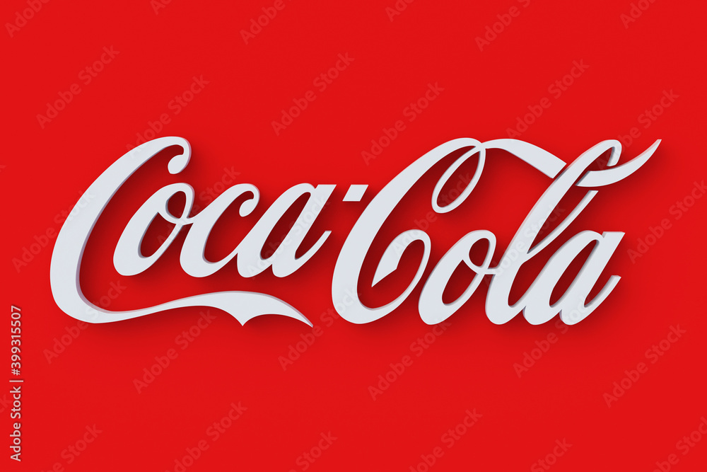 Coca-Cola logo of white color on red background. International brand of