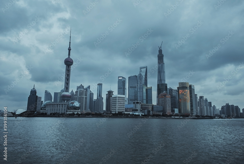 View from the embankment of Shanghai to the other side. Orient Pearl Tower Business Center and Observation Deck