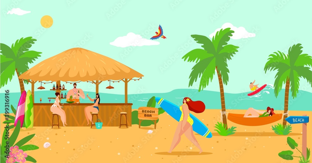 Sea summer vacation at beach bar, vector illustration. Tropical travel holiday at ocean, cartoon people man woman happy tourism. Flat drinking cocktail at resort, fun lifestyle design.