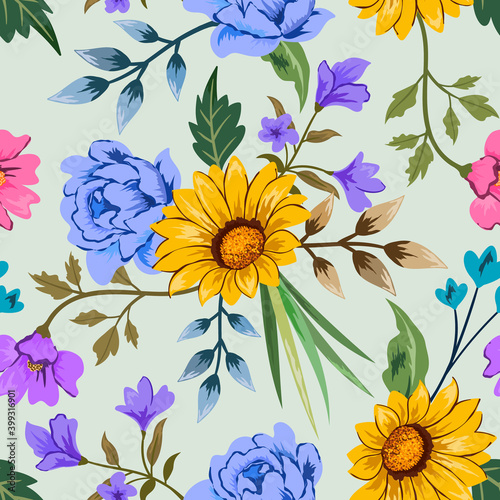 Colorful hand drawn seamless pattern with botanical floral design illustration.