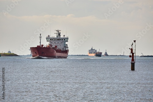 Ship traffic at the entrance of the port of Rotterdam from the North Sea photo