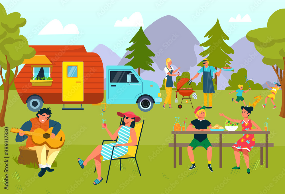 Naklejka premium Summer family picnic at vacation outdoor, vector illustration. Travel by van, adventure camp at nature. Holiday tourism with cartoon trailer car. Flat camping activity at landscape.