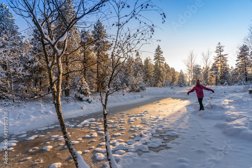 winter landscape, sunset sky, having fun outside, jumping people, woman face, awe, background, beautiful, cold, cold weather, dawn, dawn sky, dusk, environment, evening background, evening walk, fairy