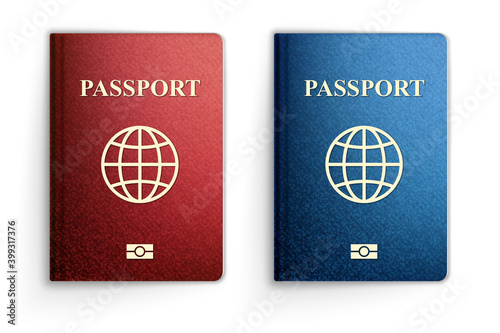 3D realistic vector Illustration, blue and red passport. Isolated on White Background.