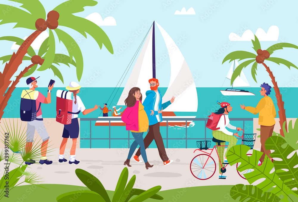 Fototapeta premium People at summer sea resort, vector illustration. Man woman cartoon character walk at ocean seaside, holiday vacation scenery. People walking at seafront landscape, outdoor city view.