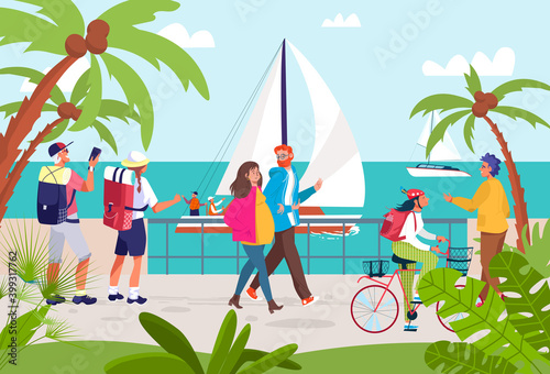 People at summer sea resort, vector illustration. Man woman cartoon character walk at ocean seaside, holiday vacation scenery. People walking at seafront landscape, outdoor city view.