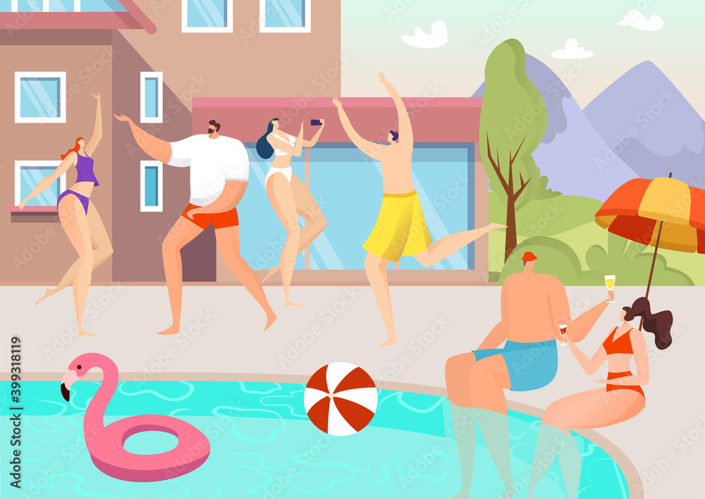Summer pool party, vector illustration. Happy young people have fun, relax at vacation, swim in flat water. Cartoon outdoor beach resort holiday travel, swimming at tropical hotel.