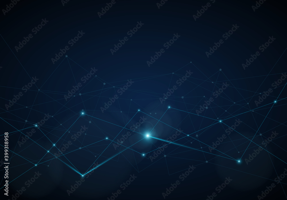 Abstract digital background. Geometric structure with connecting dots and lines on a dark blue backdrop, vector illustration	