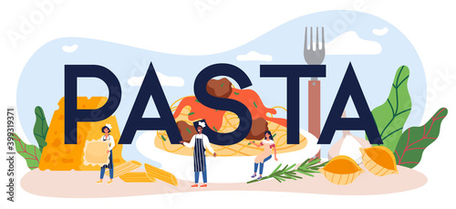 Pasta typographic header. Italian food on the plate. Delicious dinner